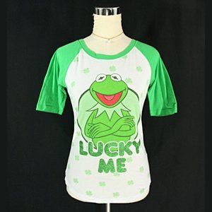 Muppets Kermit the Frog Lucky Me Sparkle Cotton Blend Raglan T Shirt Green S